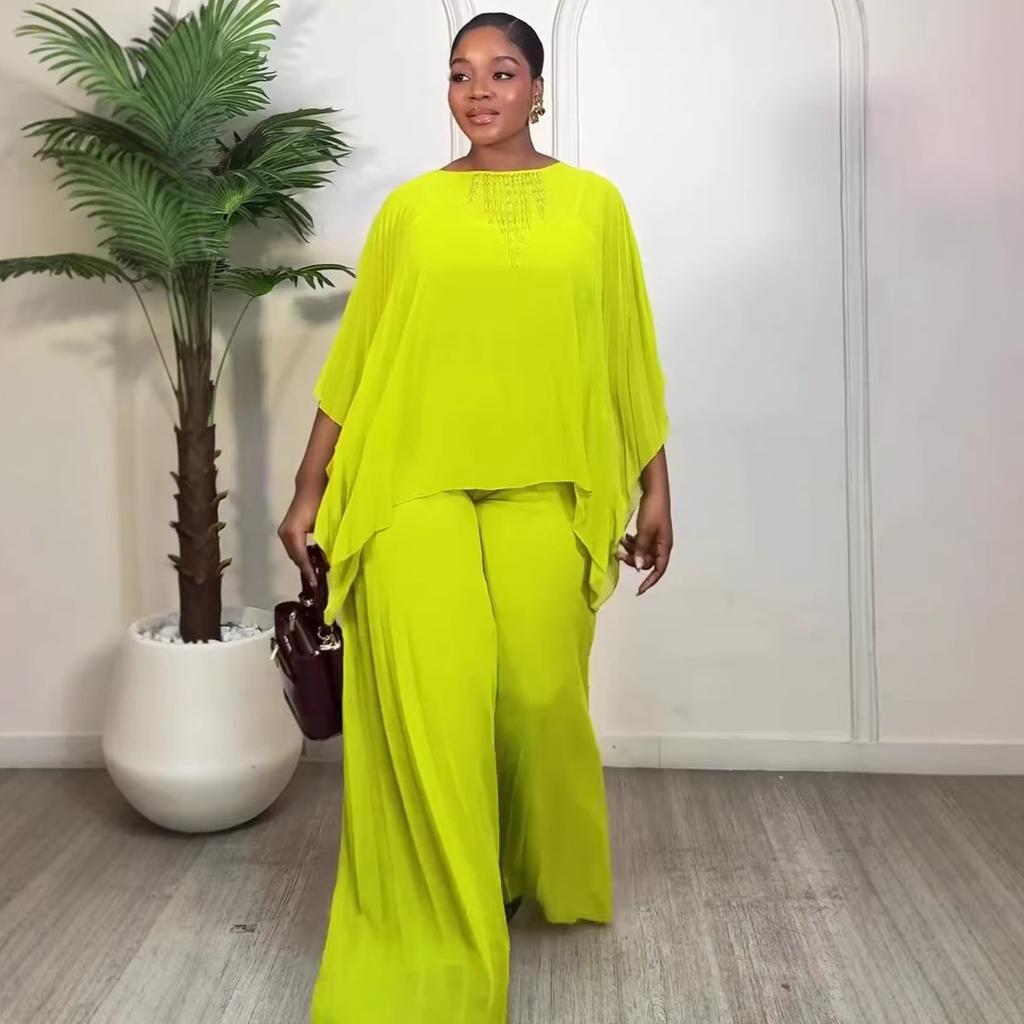 European and American temperament fashionable loose long-sleeved design irregular top wide-leg trousers African casual women's suit