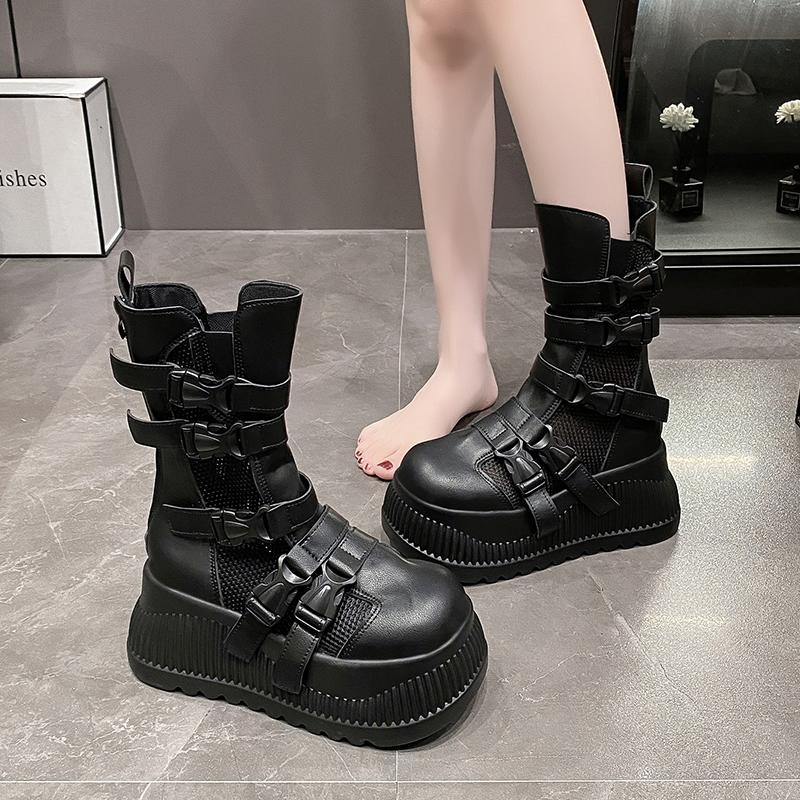 Fashion 8.5CM Women Spring Summer Boots Fashion Breathable Mesh Hollow Sneakers High Platform Ankle Boots For Woman Outdoor Chunky Shoes