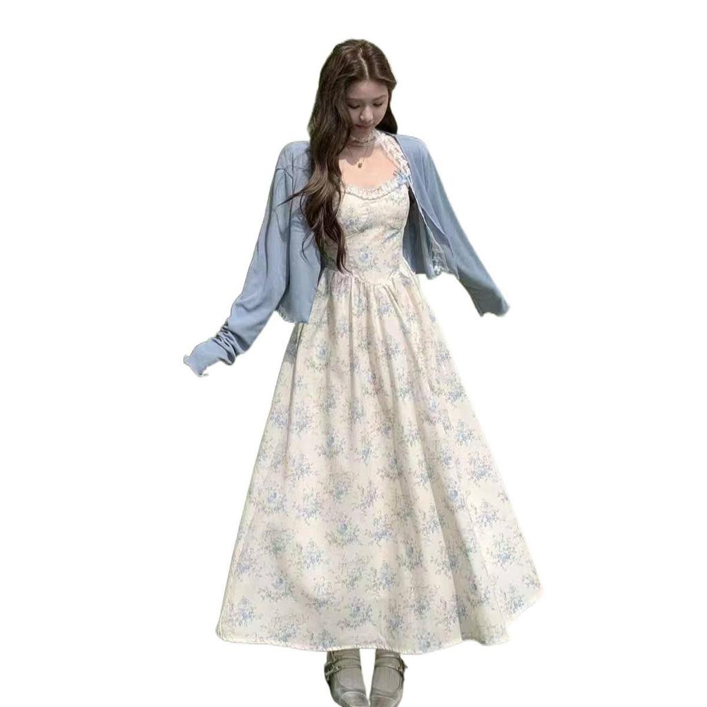 Plus Size French Floral Camisole Dress & Cardigan Set for Curvy Women