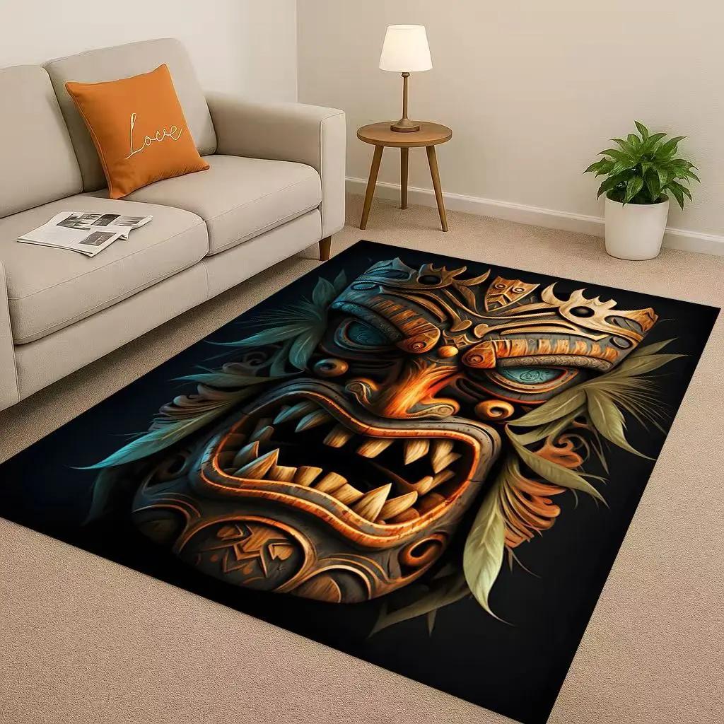 Retro Aztec Totem Maya Mask Sun God Living Room Non-Slip Area Rug Soft Carpet For Bedroom Sofa , Easy Clean Home Doormat Playmat