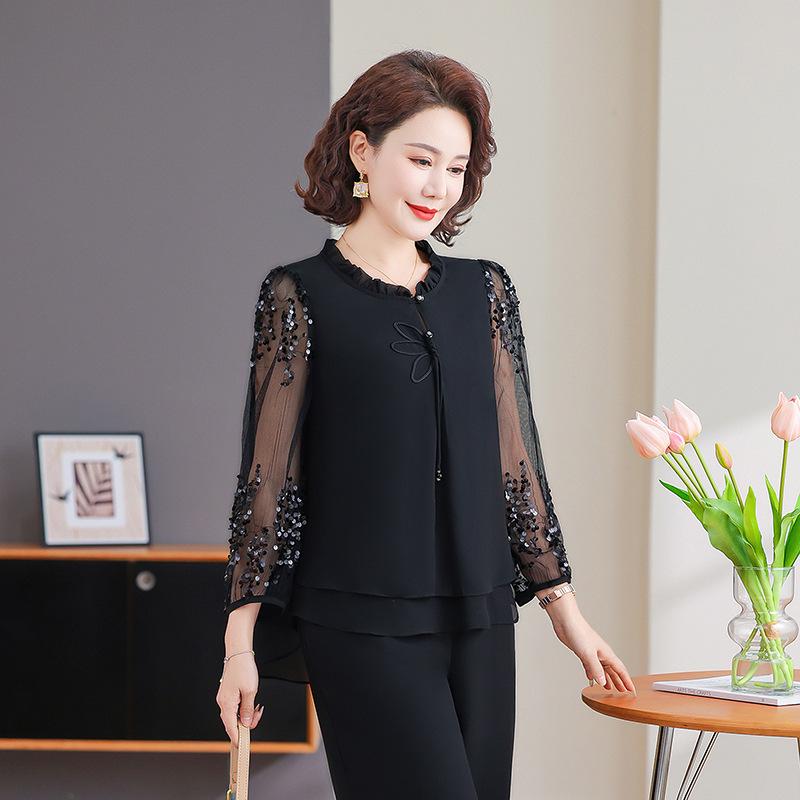 Women's 2025 Stylish Spring Suit: Gauze Sleeve Blouse & Two-Piece Set for Middle-Aged & Elderly