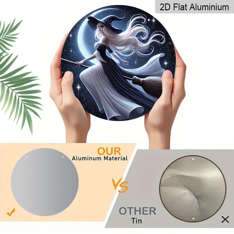 2D Flat 1pc, Printed Round Aluminum Metal Signage - Witch On a Broomstick, 8x8 In, Suitable for Door Decoration, Wall Decoration, Home, Room