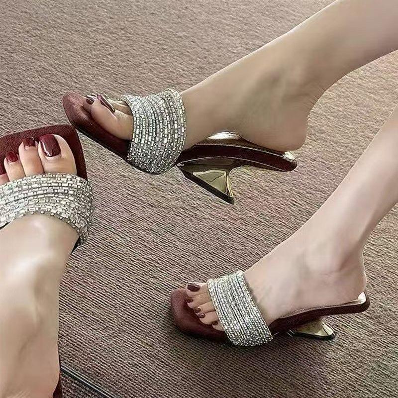 Miguu Beautiful One-word Sandals Women Wear New Rhinestone with Suede Temperament High-heeled Cool Slippers In Summer