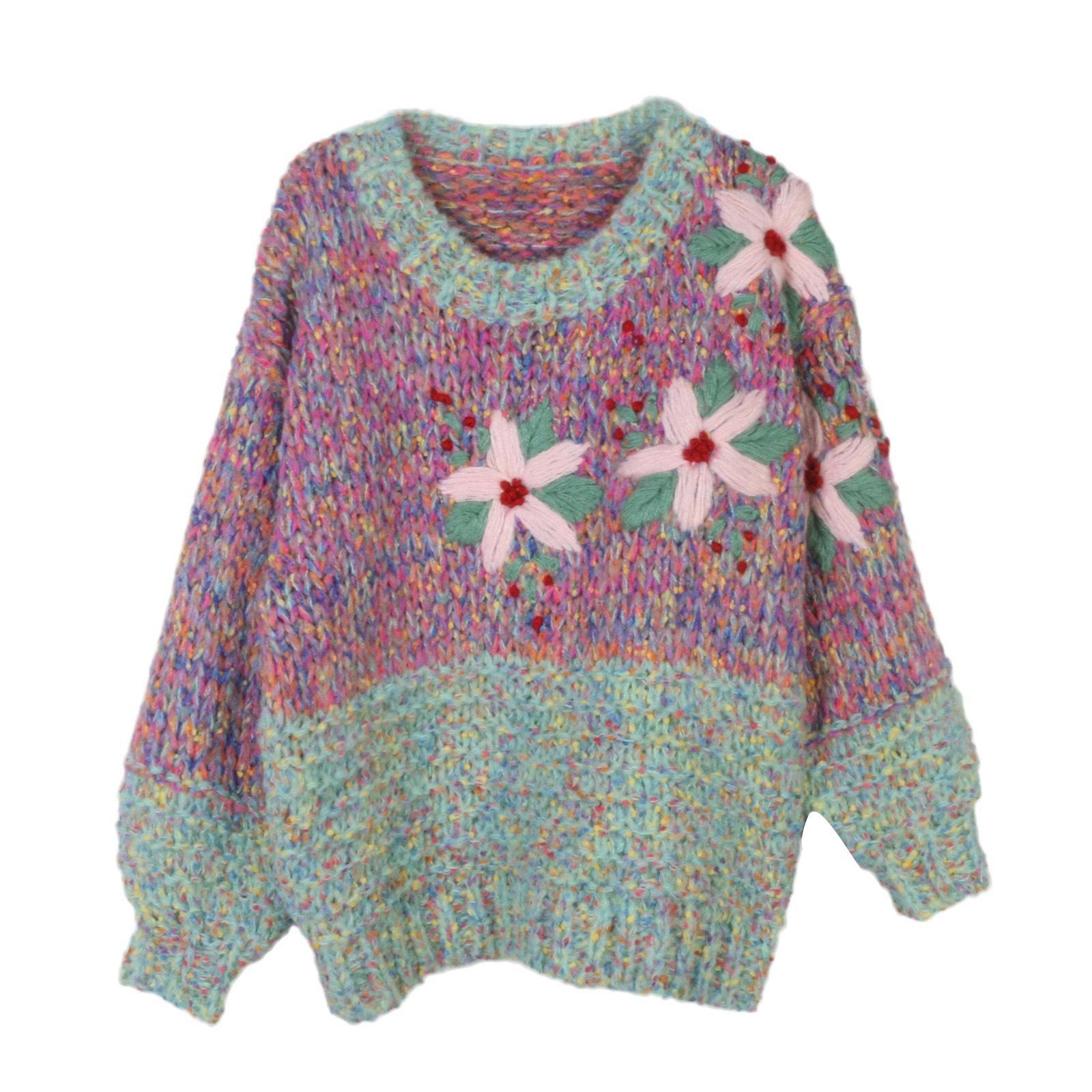 

Свитер ручной вязки крупной вязкой с цветными блоками: Французский осенне-зимний пуловер в ленивом стиле Medium