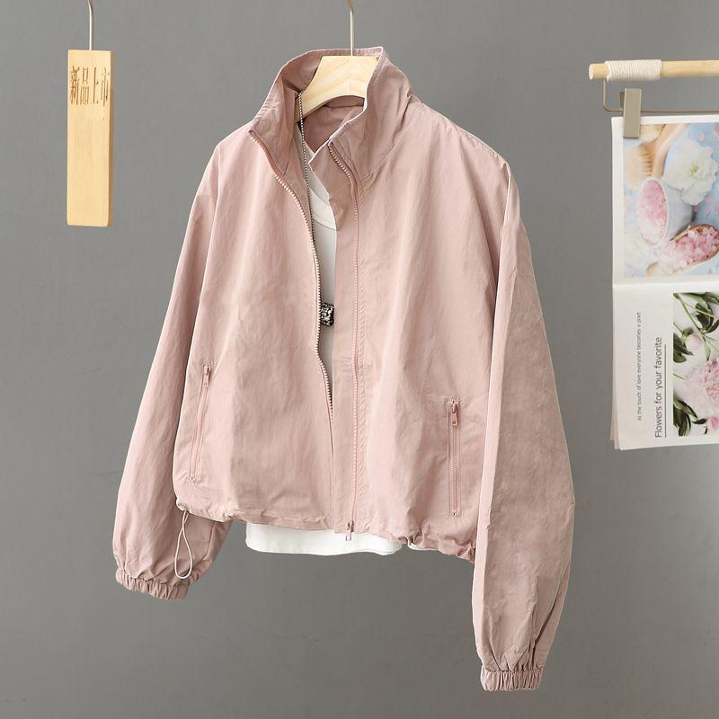 Women's High Collar Spring & Autumn Windbreaker: Lightweight, Solid Color, Short Cardigan - Fashionable Belly-Covering Jacket for 2025.