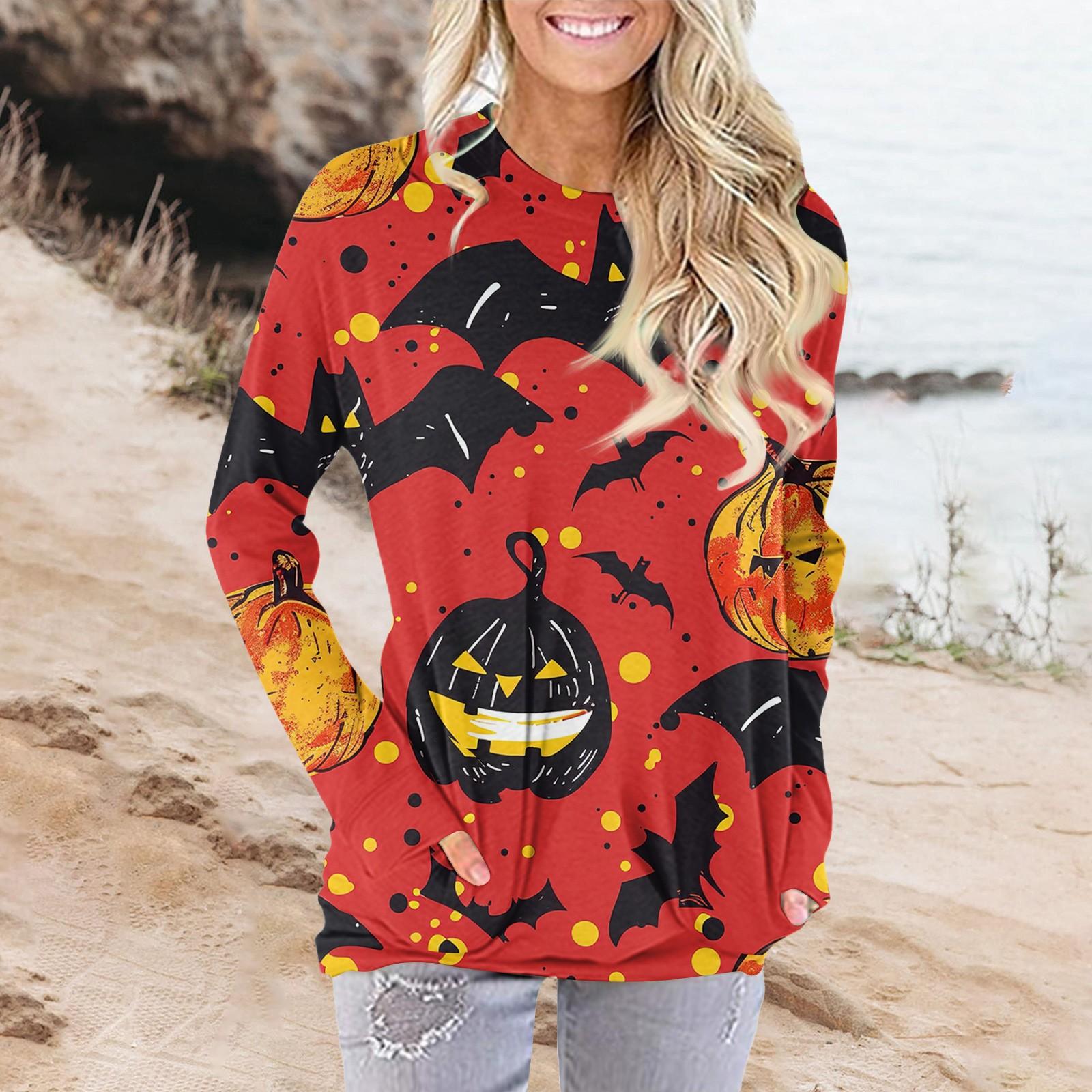 

Женская модная повседневная футболка с круглым вырезом и принтом, длинными рукавами и карманами M киноварь