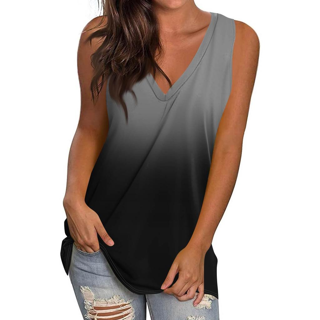 Women's Casual Fashion V-Neck Sleeveless Pullover Top Printed Vest T-Shirt
