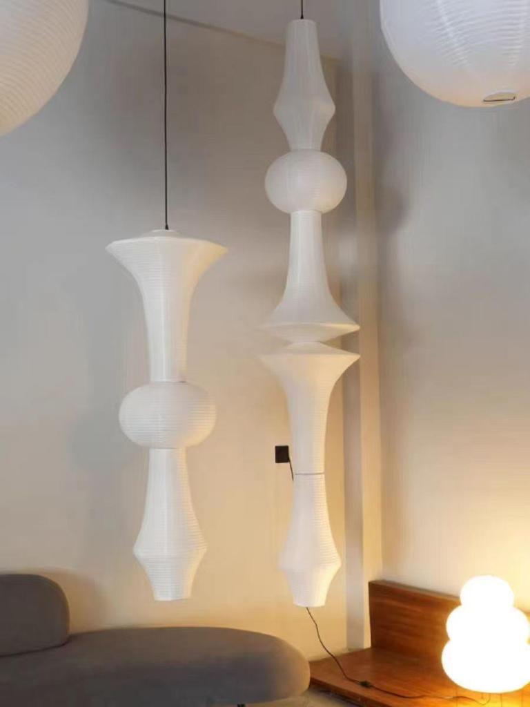 Japanese Wabi-sabi Style Isamu Noguchi Xuan Paper Long Vintage Chandelier for Aisles, Staircases, and Loft Window Displays.