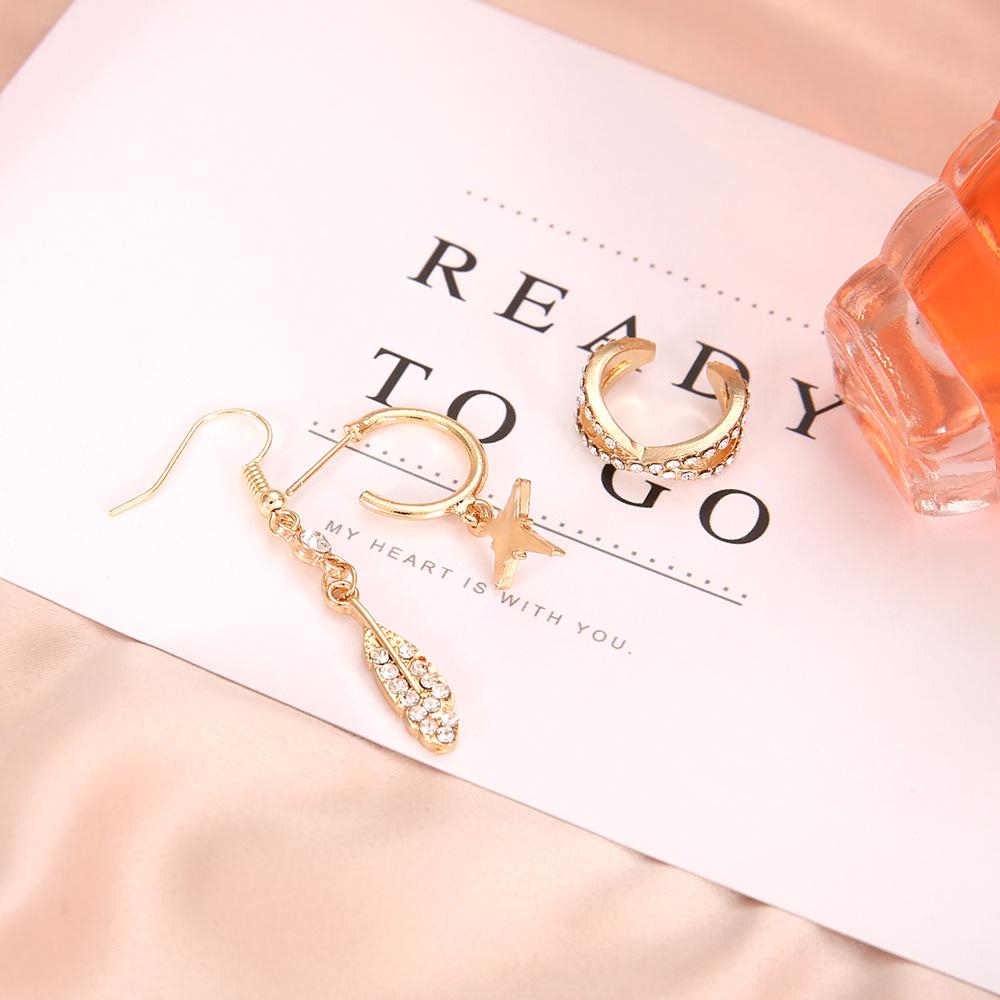 3-Piece Crystal Star Feather Earrings Women'S Gold Fashion Bohemian Earrings Jewelry Gift