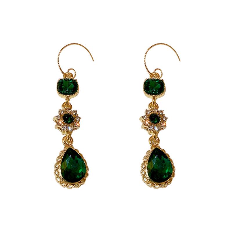 Emerald & Diamond-Inlaid Flower Zircon Water Drop Earrings: Retro, Luxury Ear Hooks for Women