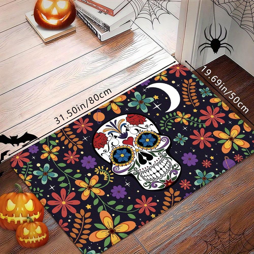 Creative Floral Sugar Skull Wreath Doormat, Non-Slip Washable Rug for Indoor Outdoor, Entryway, Kitchen & Home Decor