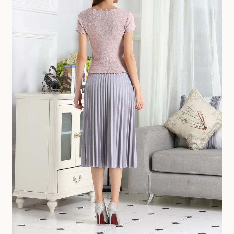 Frühlings- und Sommer-Chiffon-Rock, mittellanger Faltenrock, elastisch, hohe Taille, schmale Passform, lockerer Rock