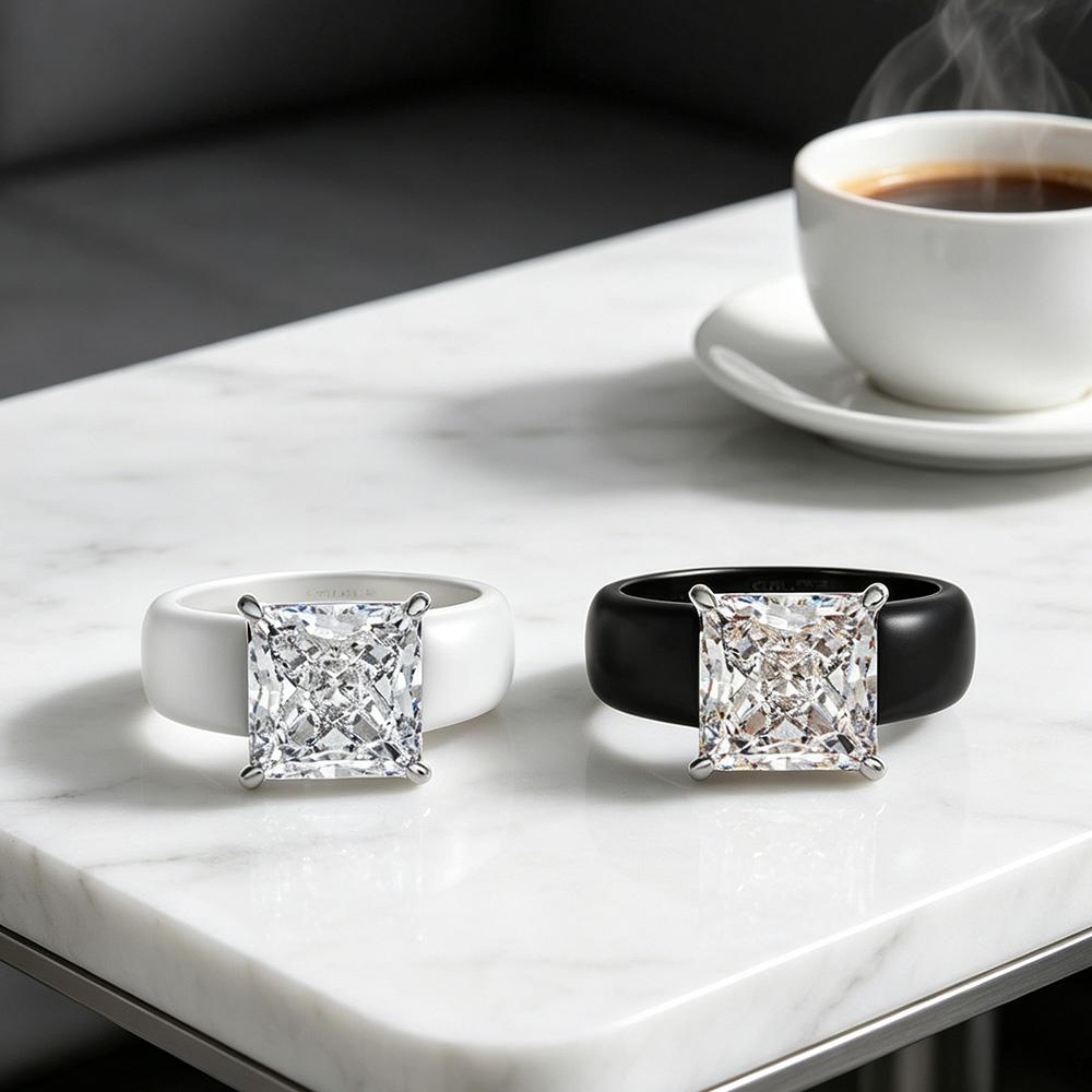 Princess Cut CZ Zircon Solitaire Ring Zwart Witte Keramische Band 4 Klauw Zetting Mode Dames Verloving Belofte Ring Sieraden Cadeau