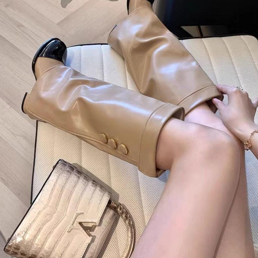 High Heel Knight Boots Women's Leather Patchwork Over Knee Long Tube Boots Round Head Not Knee High Fashion Boots Winter Season