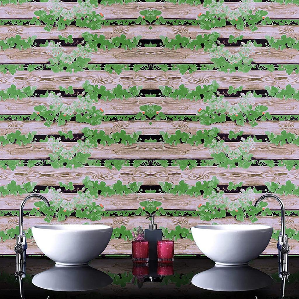 Haohome Holzoptik und Grüne Blätter Abziehbar und Aufklebbar Abnehmbare Wandverkleidung Blatt und Holzplanke Selbstklebende Wandabdeckung Vinylfolie