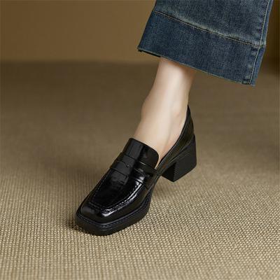 Mode Nya Vår/höst Äkta Läder Damskor Fyrkantig Tå Loafers Skor för Kvinnor Mode Retro Klumpiga Höga Klackar Dam Pumps