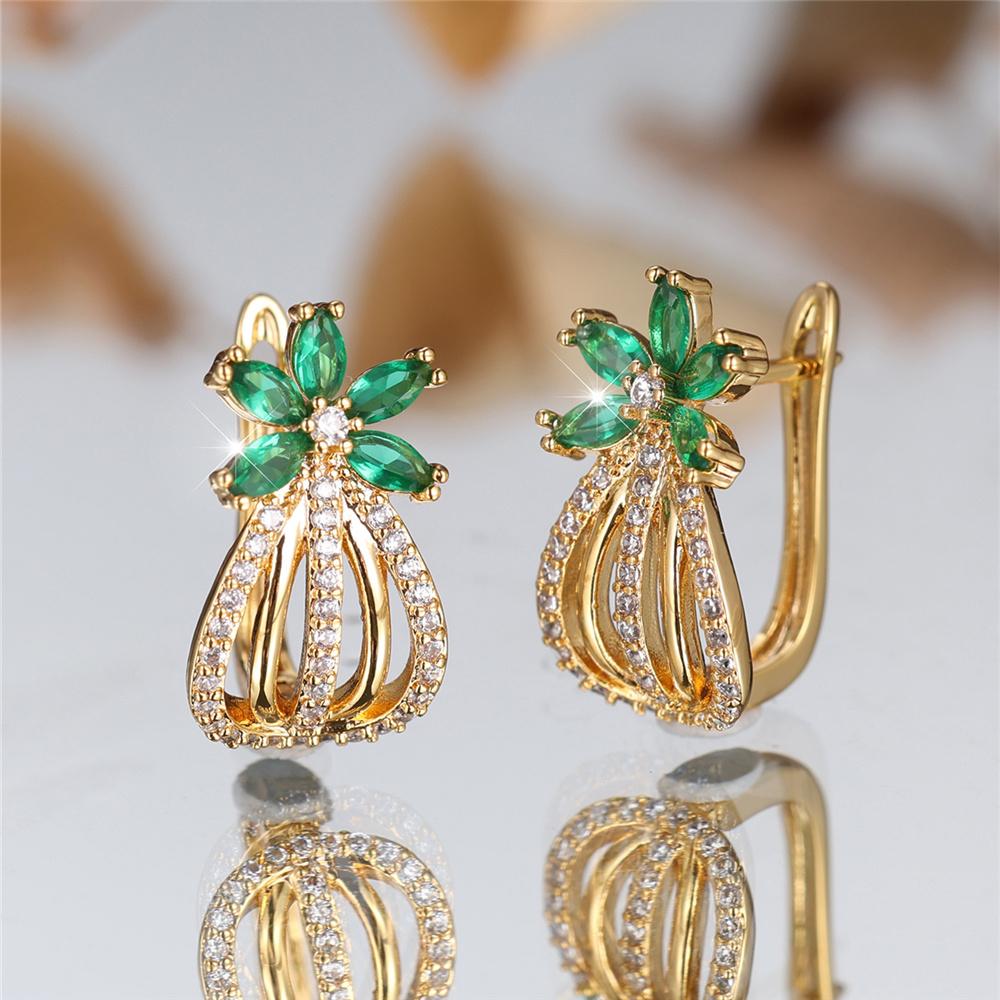 1 Pair Women's Green Cubic Zirconia Flower Drop Dangle Earrings Luxury Gold Color Wedding Party Jewelry Gifts