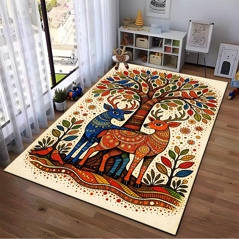 Colorful Deer and Tree Pattern Carpet with Vibrant Boho Art Design Suitable for Use As an Anti-slip for Living Room Bedroom Sofas