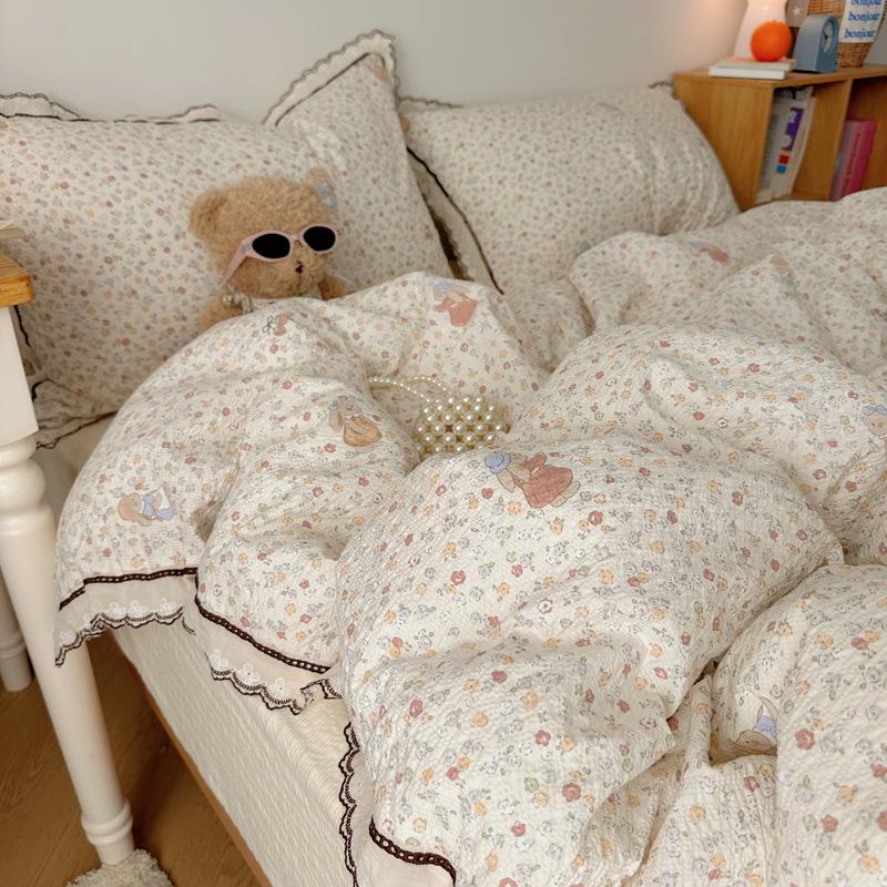 Korean French Style Hollow Lace Puff Cotton Bedding Set, Girly Duvet Cover - Available As 4-Piece or 3-Piece Set