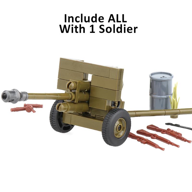 

Немецкое советское военное оружие времен Второй мировой войны, строительные блоки, фигурка солдата, противотанковая пушка, снаряд, детали, кирпичики, игрушки для детей