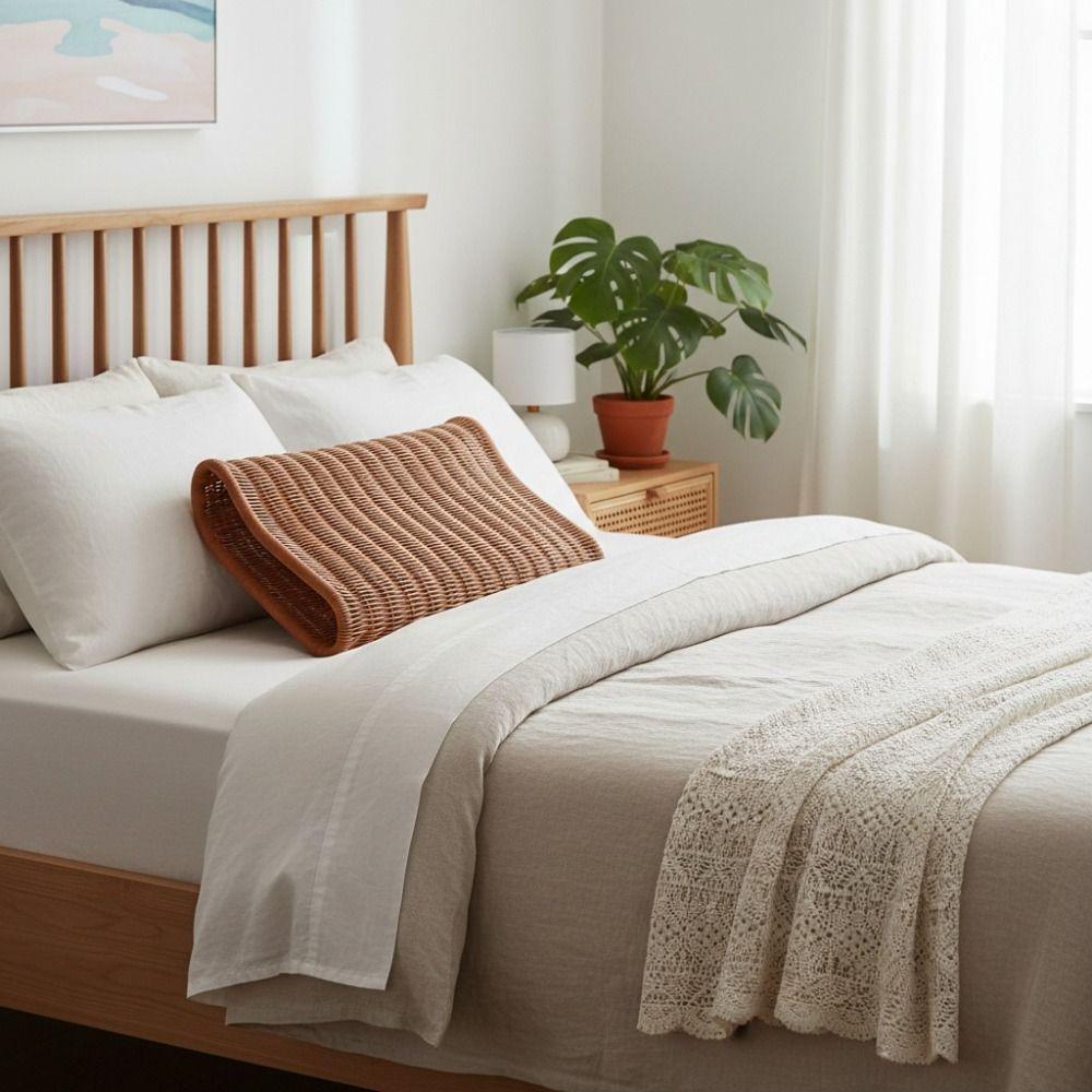 Ergonomic Curve Design Imitation Rattan Woven Pillow Handwoven Breathable Summer Cool Pillow Vintage Hollow