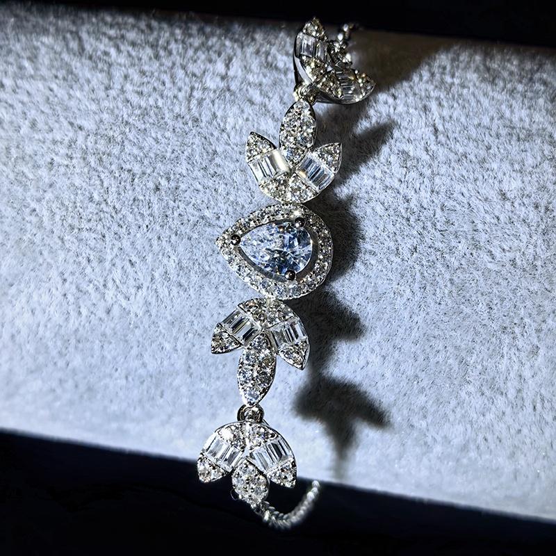 Factory Direct Fine Jewelry Iced Out Baguette Bling 8A CZ S925 Silver Cluster Pink Waterdrop Sapphire Clover Bracelet for Women