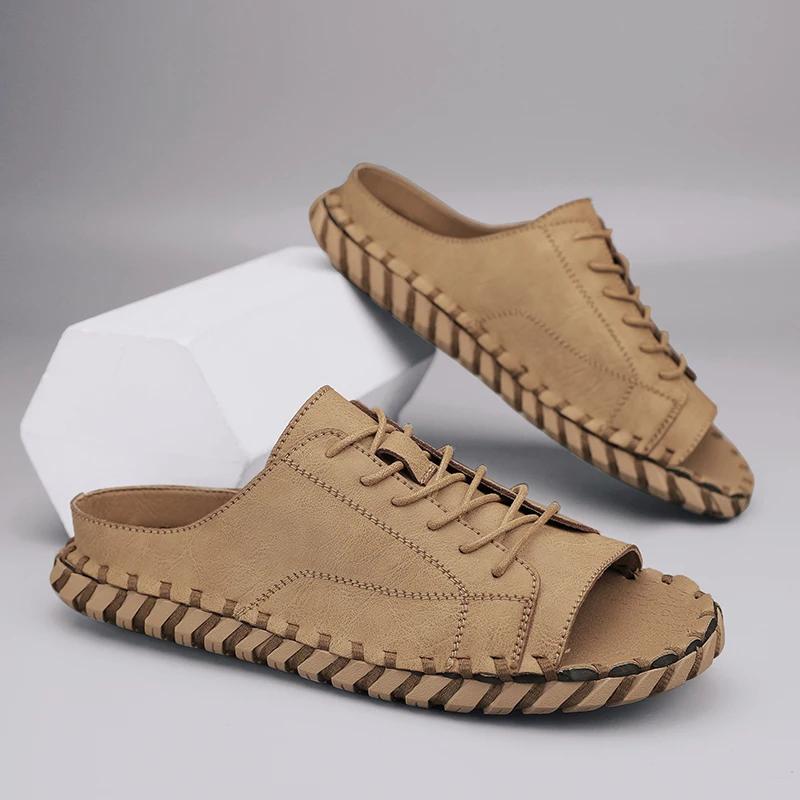 New New Casual Top Leather Slippers Handmade with Personalized Lace Up and Super Fiber Leather Sandals Plus Size 39-46