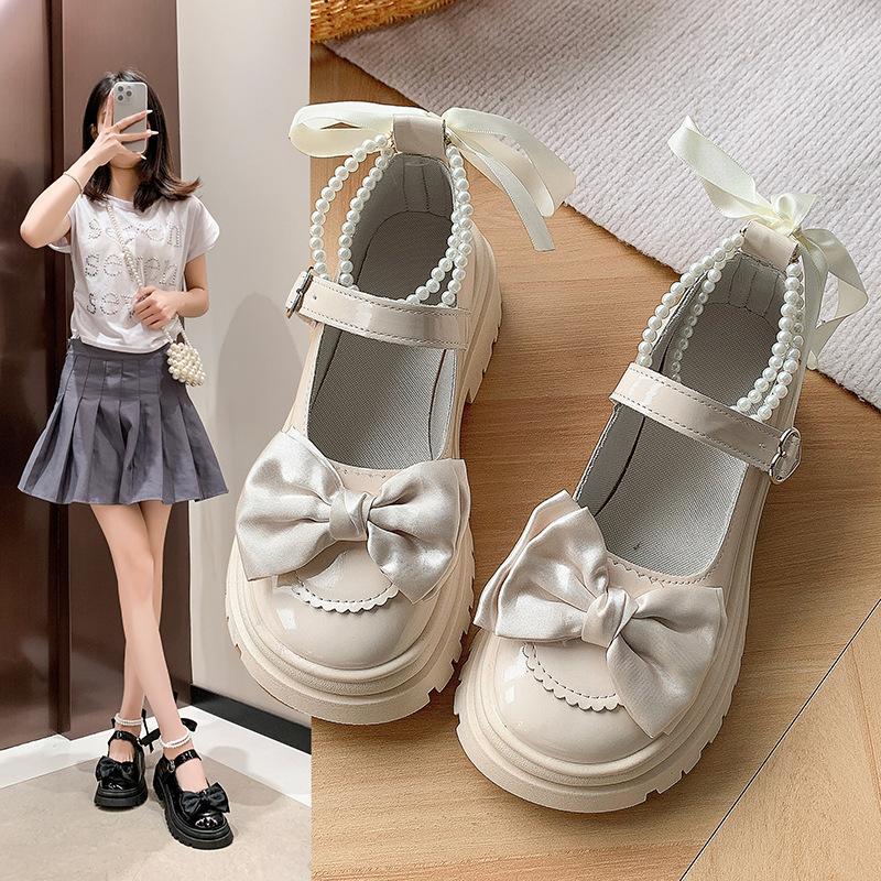 Fashion “Lolita - Style” Patent - Leather Mary Janes, Bow & Pearl - Decorated Chunky Heels, Perfect for Daily & JK Outfits