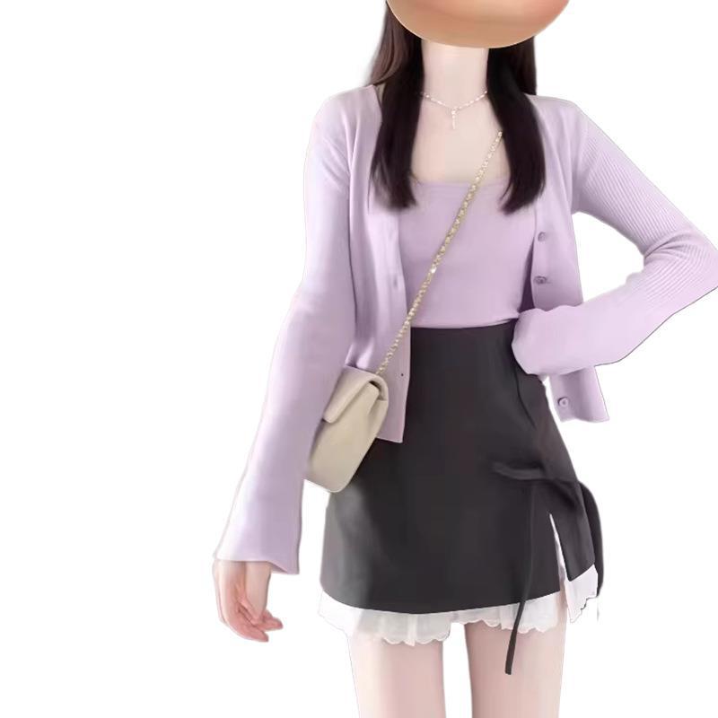 2026 Taro Purple Women's Square Neck Long Sleeve Cardigan & Camisole Two-Piece Set