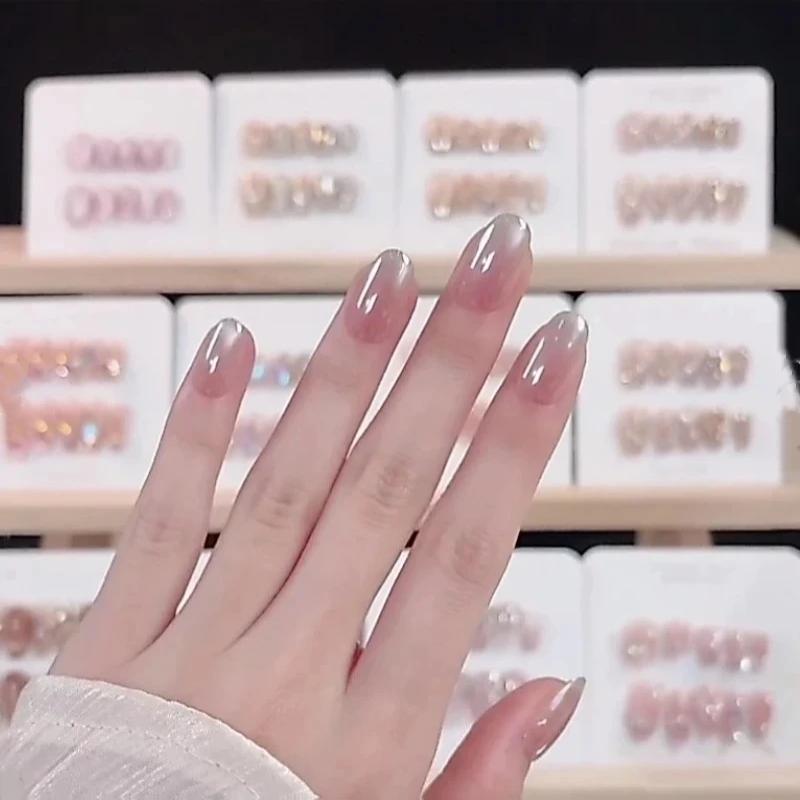 1Set Handmade Nude Cat Eye Nails Simple Long Short Style Spring Summer Removable Nail Tips 3 Sizes