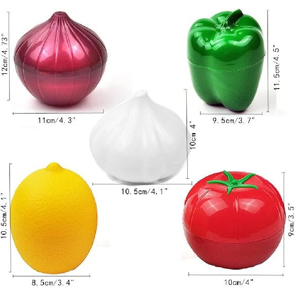 Vegetable and Fruit Storage Containers for Fridge, 5 Pcs BPA Free Reusable Food Saver - Tomato, Avocado, Onion, Lemon Keeper Holder - Refrigerator