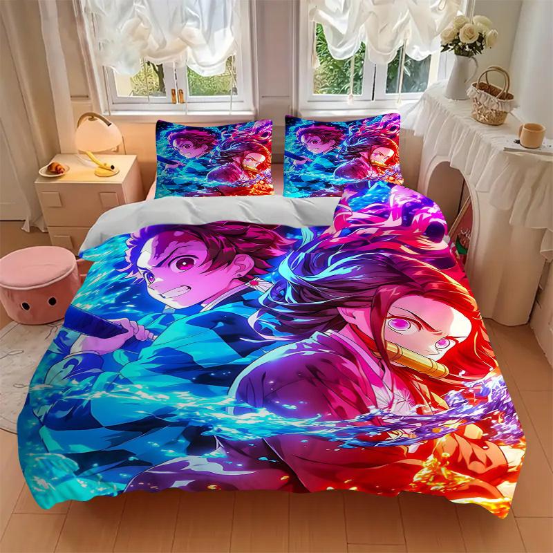 3pcs Two Heroes Clash Demon Slayer Printed Duvet Cover Set (1 * Cover+2 * Pillowcase, Without Core), Suitable for Home Bedroom, Guest Room, Dormi