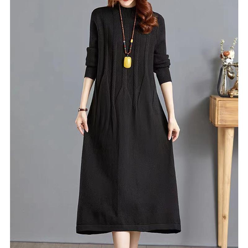 Knitted Dress for Women Autumn and Winter Long Loose Sweater Dress Half High Collar Jacquard