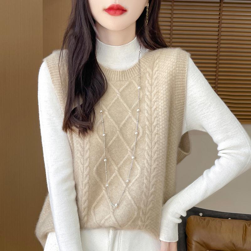 Women's Autumn Winter 100% Wool Knit Vest Sweater - Chic Sleeveless Layering Gilet
