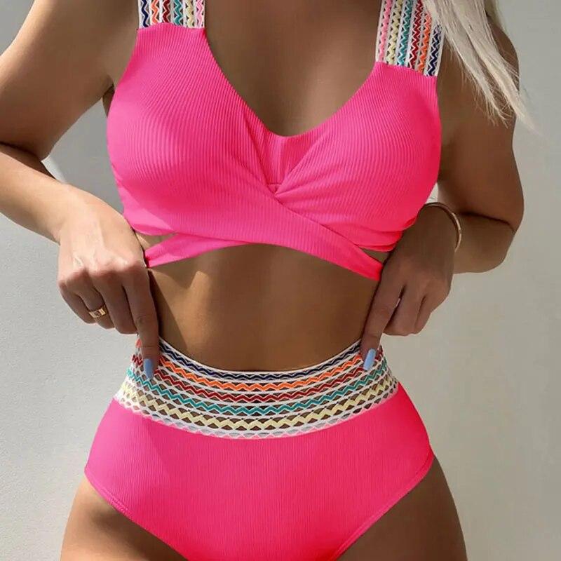 

Женский сексуальный контрастный цвет, комплект бикини на шнуровке с высокой талией, модный комплект бикини для пляжной вечеринки, купальник с пуш-апом из двух предметов XL розы красного