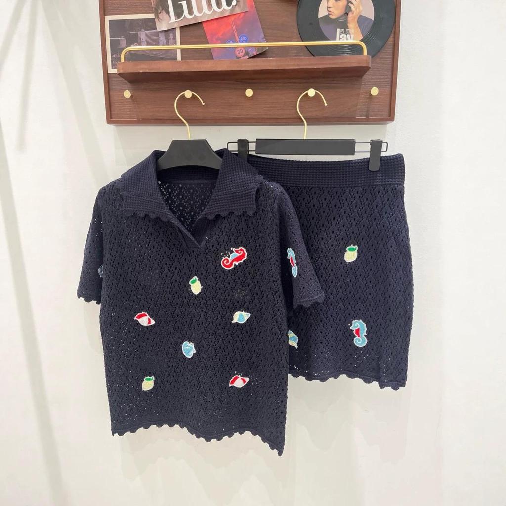 European Heavy Embroidery Cartoon Knit Two-Piece Set: Short Sleeve Lapel Top & Skirt
