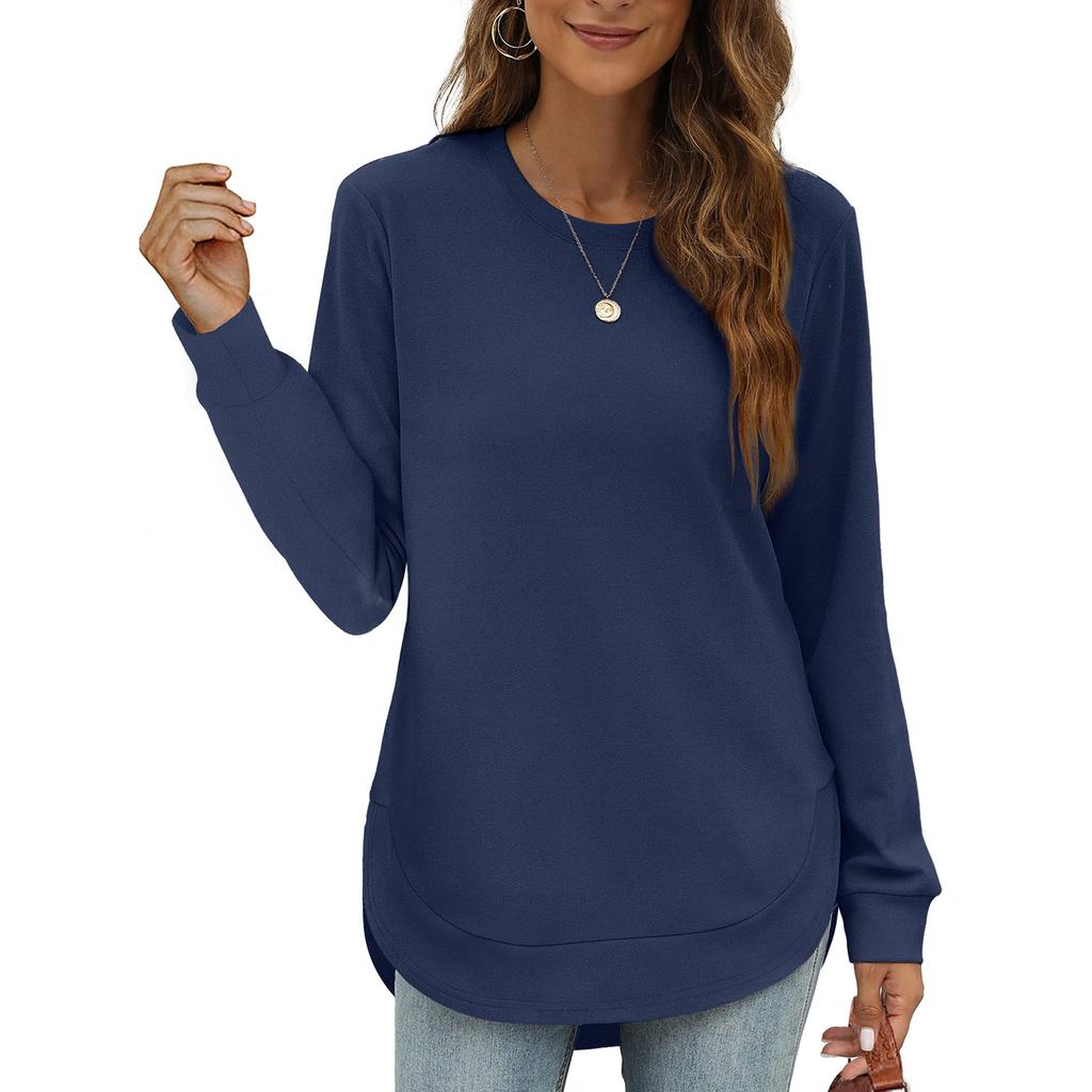 Damen Casual Mode Rundhals Lockeres T-Shirt Einfarbig Langarm Oberteil