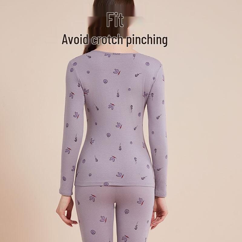 Women's Pure Cotton Cartoon Print Warm Underwear Set - Autumn/Winter Thin Base Layer Sweater & Leggings