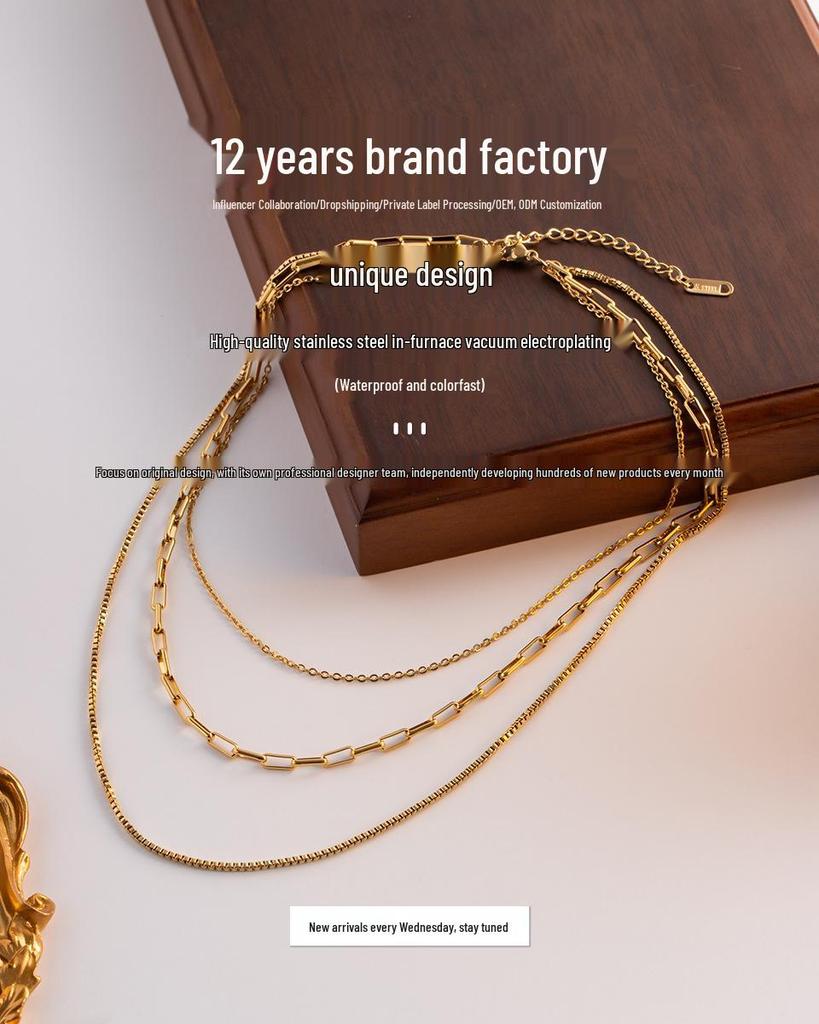 18K Gold Triple-Layer Stainless Steel Necklace - European & American Trendy Design for Women