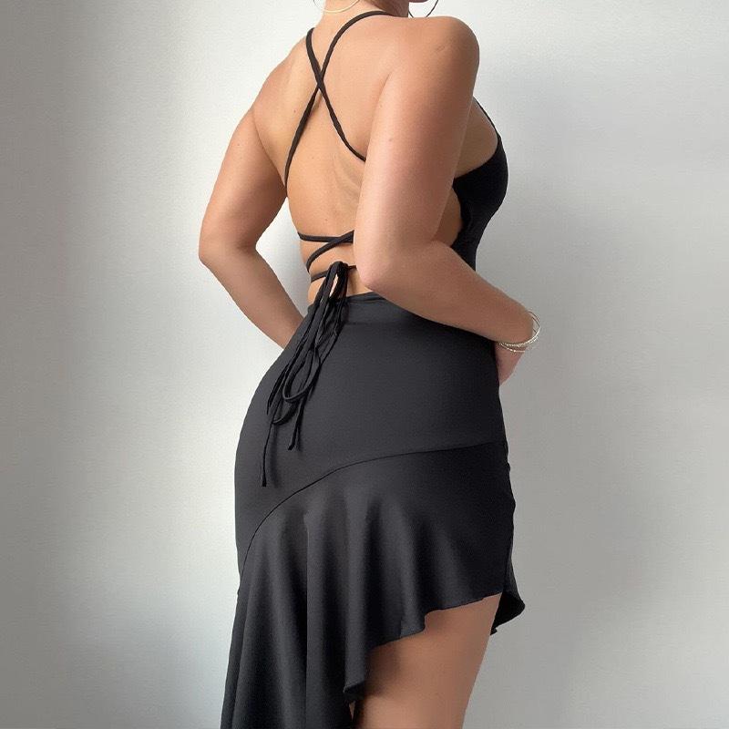 Bretella allacciata senza schienale sexy estiva europea e americana, abito irregolare in tinta unita per donna
