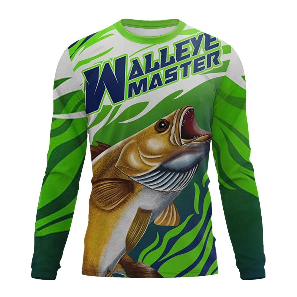 Nové pánské outdoorové rybářské tričko s dlouhým rukávem 3D ryba Potisk vzoru ležérní a módní Top tričko s kulatým výstřihem