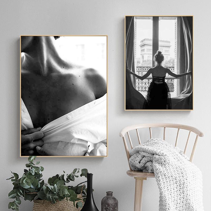 Pictură nordică pe pânză Moda femei frumoase postere alb-negru sexy fereastra fete perete artă imagini camera de zi decor acasă