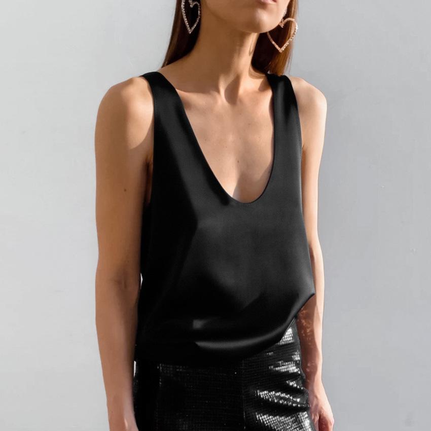 2026 Summer Women s Solid Satin U-Neck Sleeveless Street Style Vest M