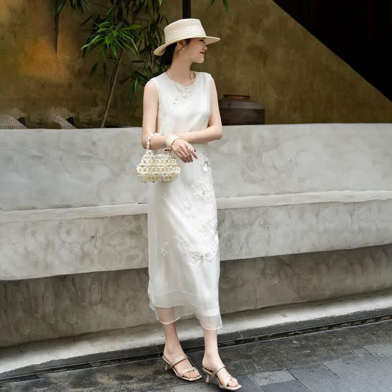 Lanseer Silk Embroidered Oblique Placket Midi Dress
