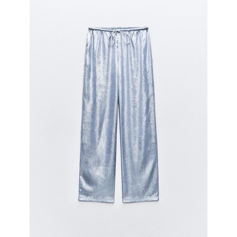 

Za2024 Summer New Product Women s Clothes Fashion Elastic Waist Drawstring Wide Leg Aluminum Foil Casual Pants 8741038 406 Light Blue L