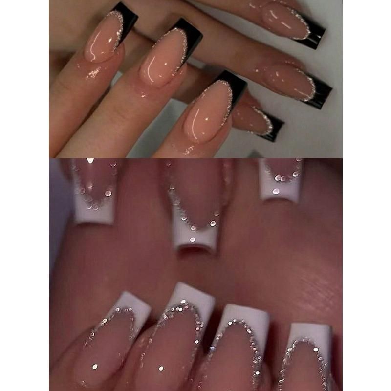 24pcs Long Coffin-Shaped White French Manicure Fake Nails Press On Nails Elegant Style For Women Girls For Daily Wear Or Parties Nail Supplies
