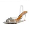 Summer New Transparent Rhinestone Sandals Women's Thin Heels Pointed Cold Half Tray Crystal Word with Sexy High Heels
