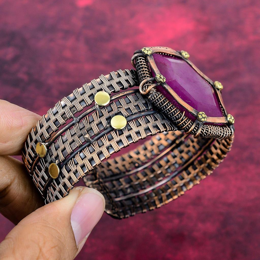 Pulseira de Rubi de Caxemira Facetado Joias Envoltas em Fio de Cobre Pulseira Ajustável Joias com Pedras Preciosas