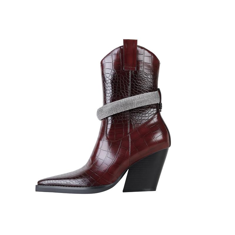 Fashion Kaky's New Pointed Stone Water Diamond Thick High Heel Large Women's Boots Short Boots Western Boots