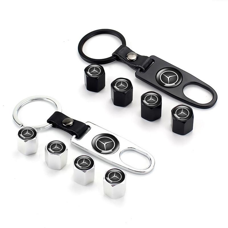 A Set Tire Valve Caps Wheel Cover With Leather KeyChain For Mercedes Benz A B C E V R-Class A45 C43 GLA GLC CLA SL Auto Styling ABEFG1